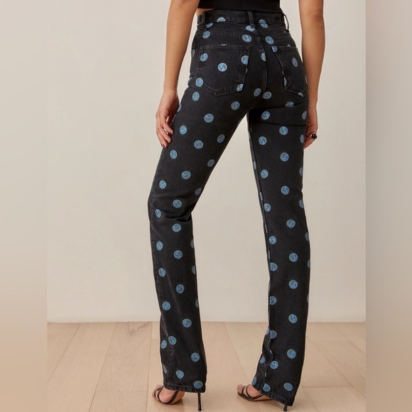 Reformation Black and Blue Polka Dot Straight Leg Jeans - Picture 4 of 11